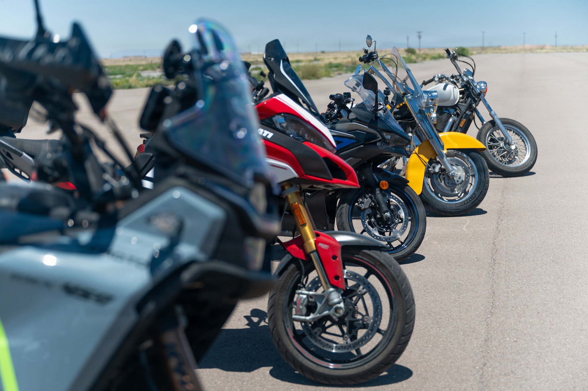 Motorcycles are parked during instruction at the Rider Mentorship Program at Holloman Air Force Base, New Mexico, May 19, 2026.