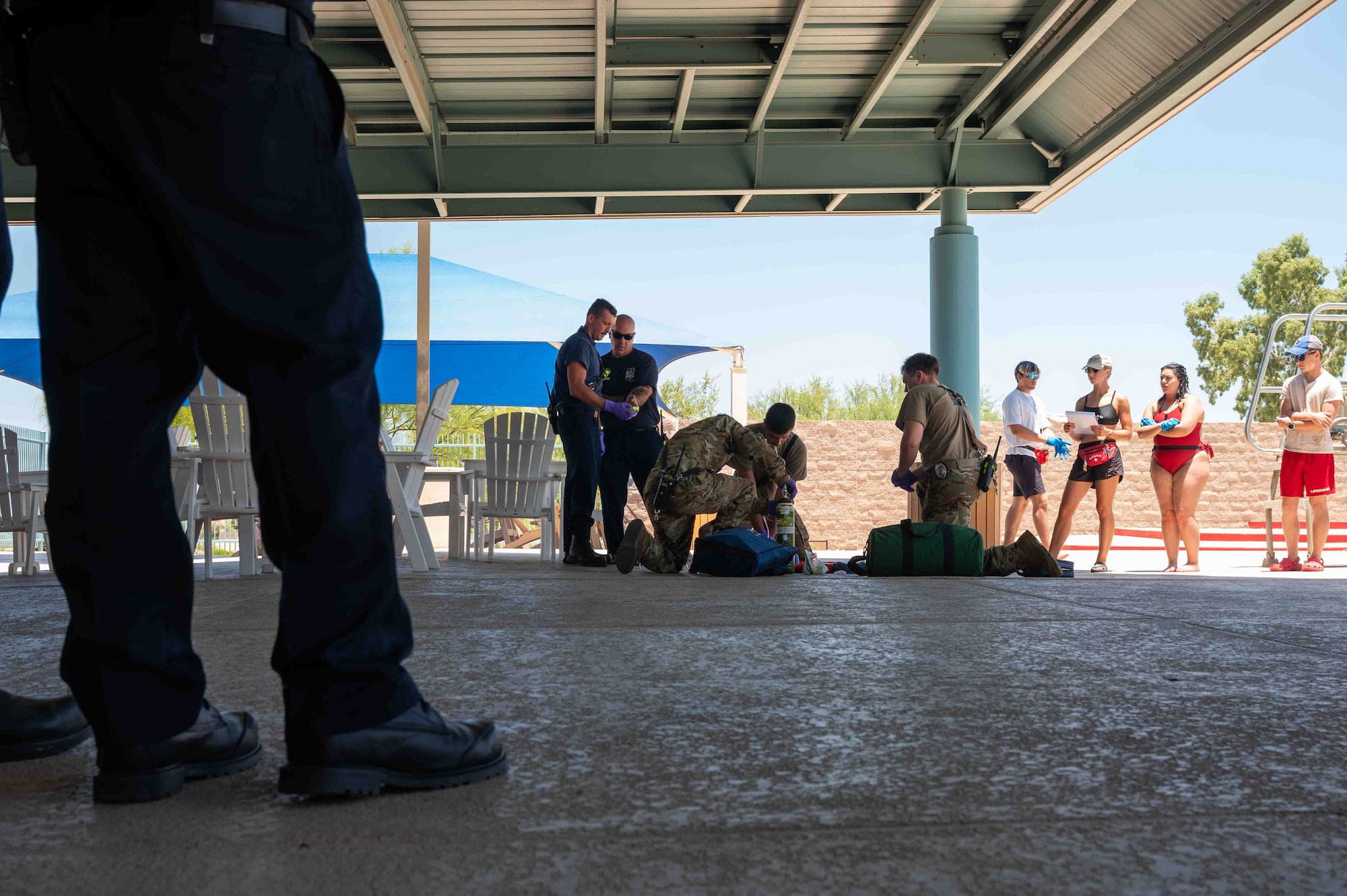 Emergency personnel at Davis-Monthan train in a water emergency scenario.