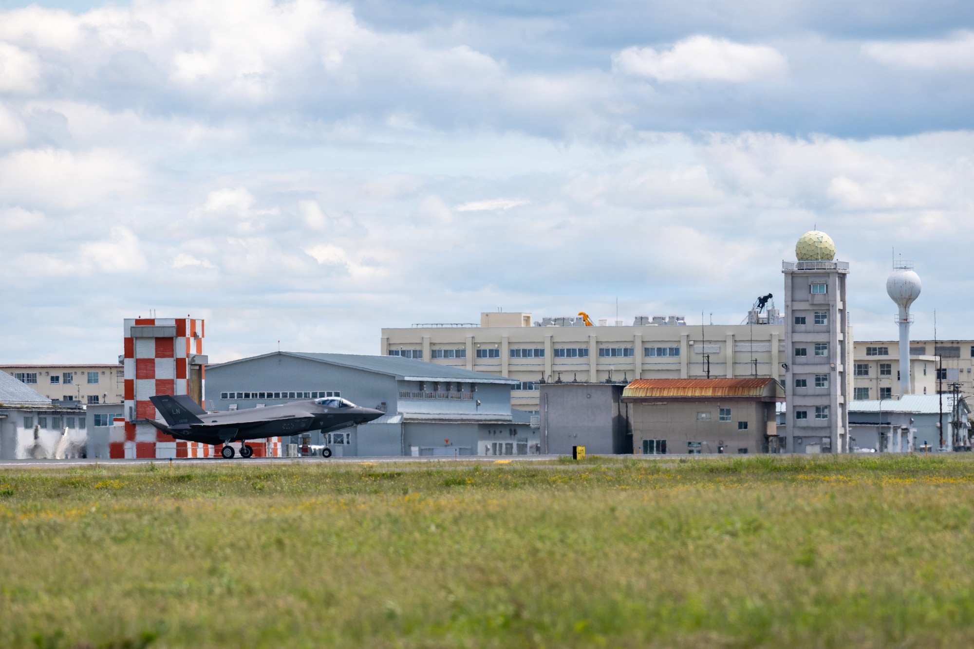 A U.S. Air Force F-35A Lightning II assigned to the 13th Fighter Squadron lands.