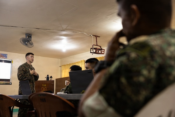 U.S. Marine Corps Capt. Remington Mederos, an artillery officer with Air Naval Gunfire Liaison Company Detachment - North, Marine Rotational Force – Southeast Asia, I Marine Expeditionary Force, instructs Philippine marines during a bilateral fires and effects training for Archipelagic Coastal Defense Continuum 26.3 on Fort Bonifacio, Philippines, June 3, 2026.