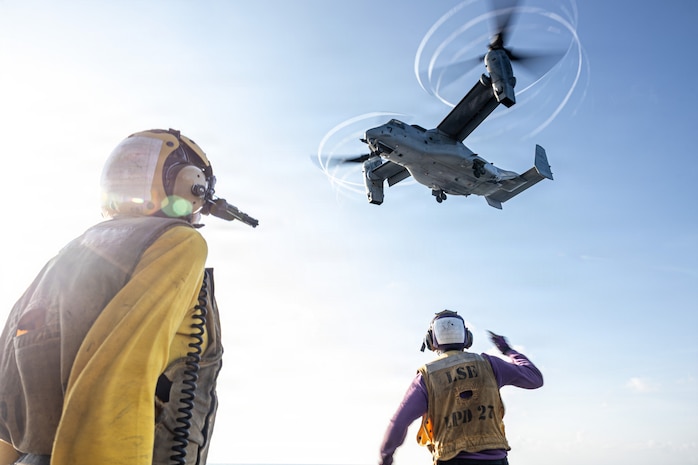 U.S. Sailors assigned to San Antonio-class amphibious transport dock ship USS Portland (LPD 27), observe an MV-22B Osprey with Marine Medium Tiltrotor Squadron (VMM) 163 (Reinforced), 11th Marine Expeditionary Unit, take off from the flight deck in the South China Sea, June 6, 2026.