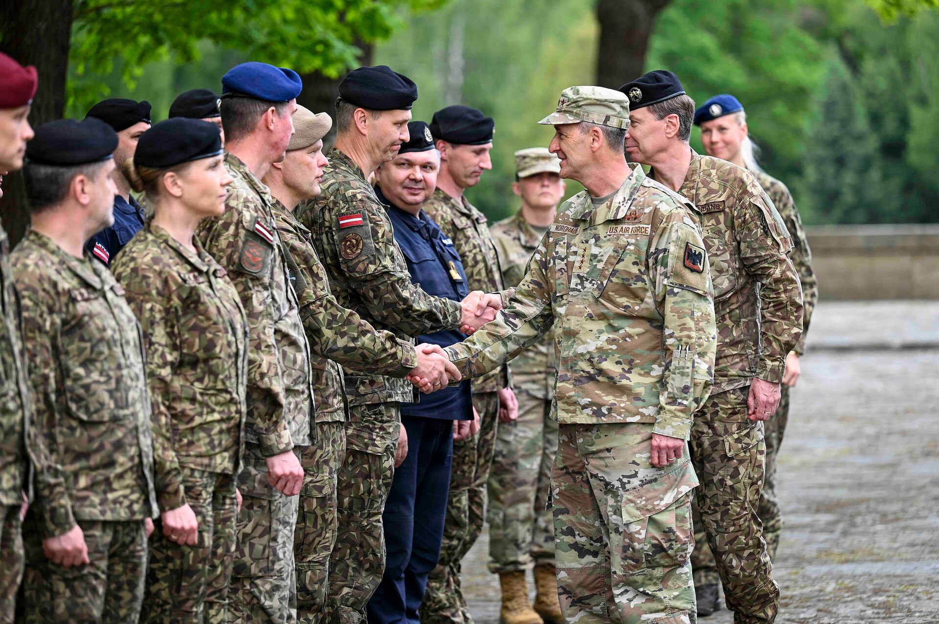 Air Force Gen. Steve Nordhaus, chief, National Guard Bureau, joins Maj. Gen. Kaspars Pudans, chief of defense for the Republic of Latvia, for a ceremonial wreath laying at the Riga Brethren Cemetery to honor Latvians who gave their lives for their country’s independence, Riga, Latvia, June 2, 2026.