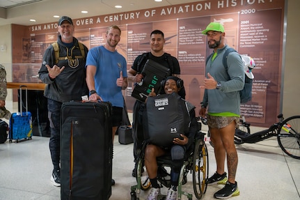 Team Army competitors pose for a group photo after arriving at San Antonio International Airport for the 2026 Warrior Games June 8, 2026.