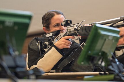 U.S. Army Staff Sgt. Brittany Ramsey participates in a precision air shooting practice session during the 2026 Warrior Games at Joint Base San Antonio, Texas, June 9, 2026.
