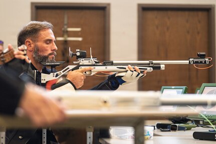 Retired U.S. Army Chief Warrant Officer 3 Jon Tallman participates in a precision air shooting practice session during the 2026 Warrior Games at Joint Base San Antonio.