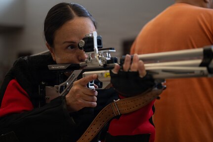 U.S. Army Maj. Patricia Zumwalt participates in a precision air shooting practice session during the 2026 Warrior Games at Joint Base San Antonio, Texas, June 9, 2026.