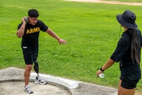 U.S. Army Spc. Adrian Saenz practices shot put during a field training event at Team Army’s Warrior Games Training Camp in San Antonio, Texas.