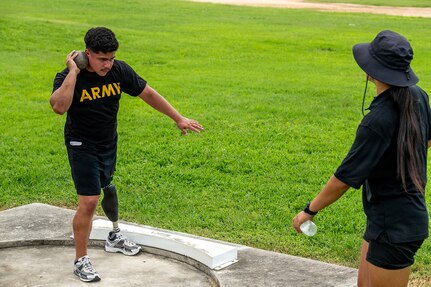 U.S. Army Spc. Adrian Saenz practices shot put during a field training event at Team Army’s Warrior Games Training Camp in San Antonio, Texas.