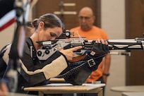U.S. Army Staff Sgt. Brittany Ramsey participates in a precision air shooting practice session at Joint Base San Antonio, Texas, June 9, 2026.