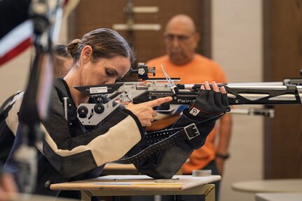 U.S. Army Staff Sgt. Brittany Ramsey participates in a precision air shooting practice session at Joint Base San Antonio, Texas, June 9, 2026.