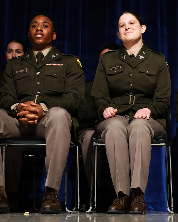 2nd Lt. Joci Hasson (right) and 2nd Lt. Donavan Davenport are shown after their promotion to second lieutenant during Northern Illinois University’s Army ROTC Commissioning Ceremony.