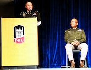 Lt. Col. Harold Larsen, the Professor of Military Science for the Northern Illinois University’s U.S. Army ROTC program, introduces Maj. Gen. Rodney Boyd, The Adjutant General of Illinois and Commander of the Illinois National Guard, during the university’s Commissioning Ceremony.