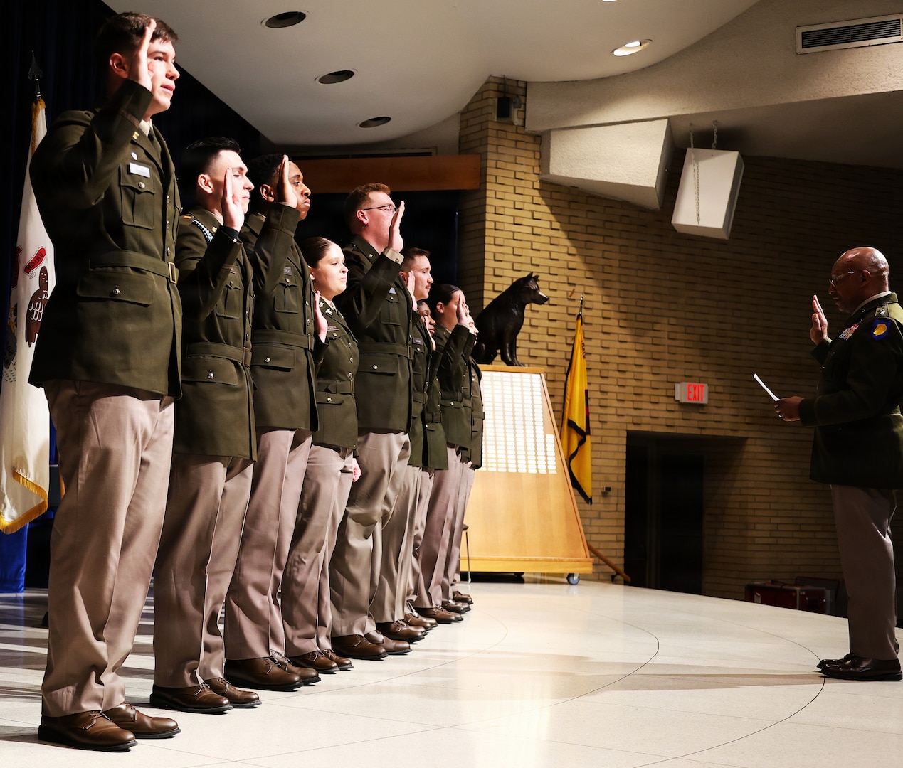 Maj. Gen. Rodney Boyd, The Adjutant General of Illinois and Commander of the Illinois National Guard, administers the Oath of Office to 10 new Army second lieutenants during Northern Illinois University’s Army ROTC Commissioning Ceremony.