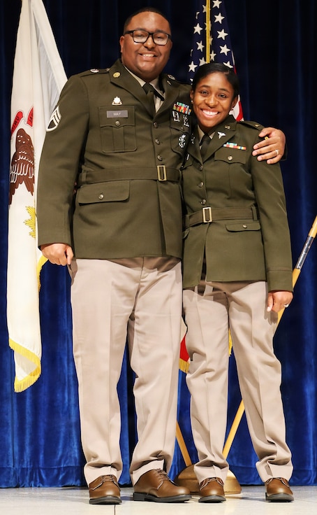 Staff Sgt. Anthony May poses for a photo with 2nd Lt. Knayjah Miller during Northern Illinois University’s Army ROTC Commissioning Ceremony.
