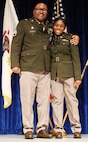 Staff Sgt. Anthony May poses for a photo with 2nd Lt. Knayjah Miller during Northern Illinois University’s Army ROTC Commissioning Ceremony.