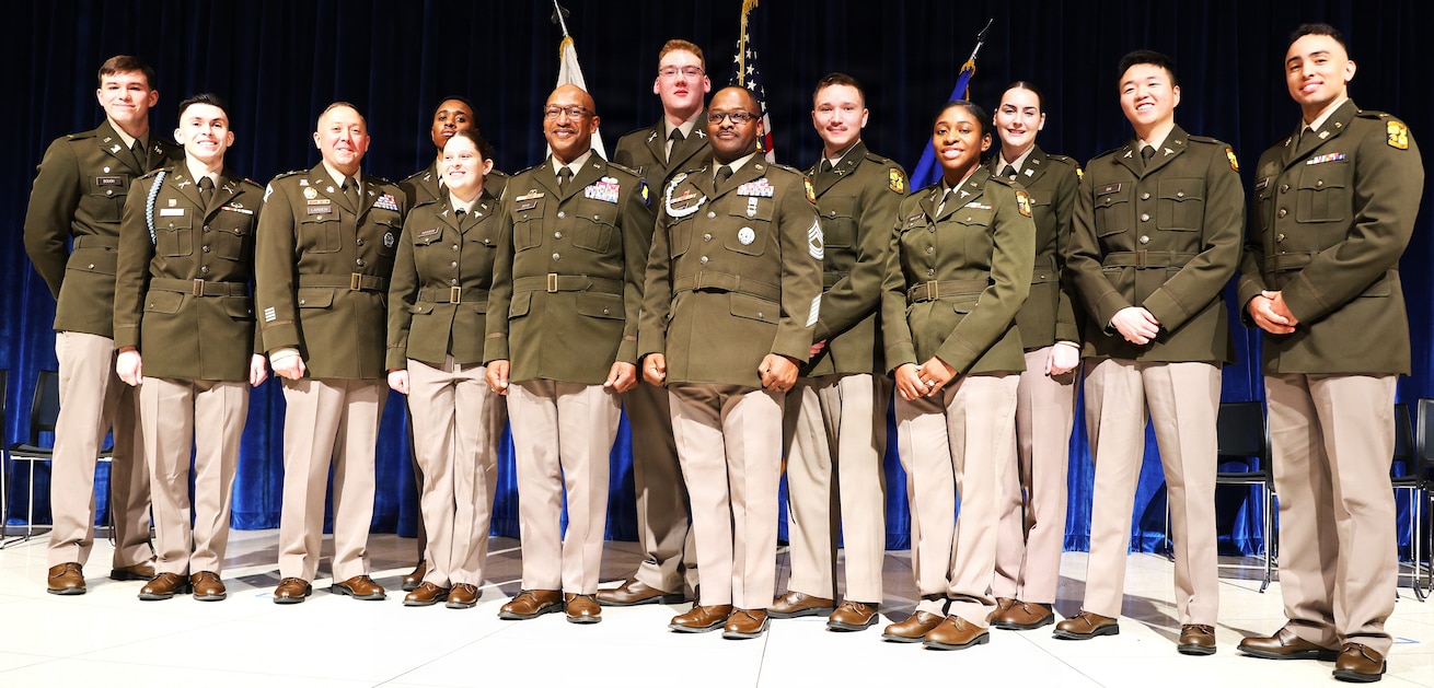 Maj. Gen. Rodney Boyd, The Adjutant General of Illinois and Commander of the Illinois National Guard, poses for a photograph with the Army’s 10 new second lieutenants after the Northern Illinois University’s Army ROTC Commissioning Ceremony.