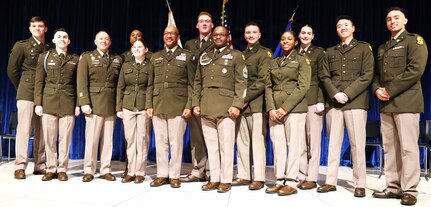 Maj. Gen. Rodney Boyd, The Adjutant General of Illinois and Commander of the Illinois National Guard, poses for a photograph with the Army’s 10 new second lieutenants after the Northern Illinois University’s Army ROTC Commissioning Ceremony.
