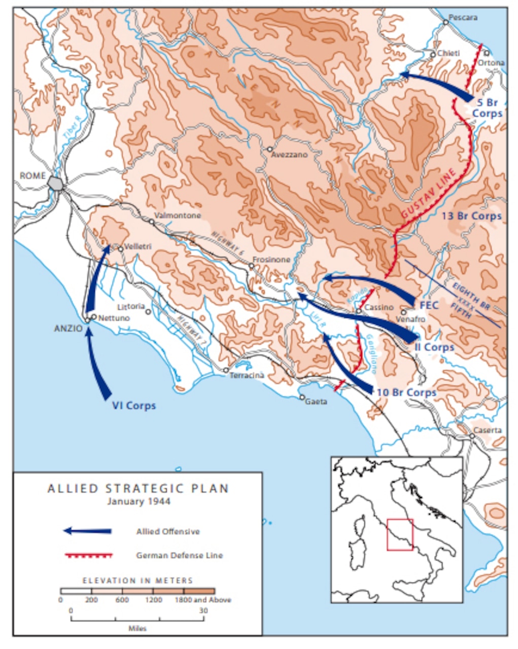 A map depicts terrain and military movements during World War II. The key in the corner reads, "Allied Strategic Plan, January 1944."