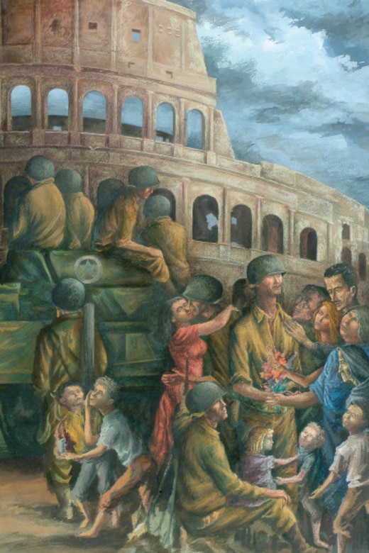 A painting depicts World War II-era soldiers near the Coliseum in Rome.