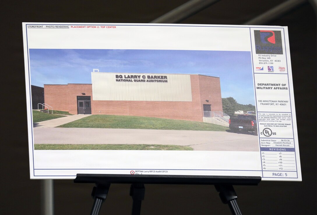 During the event, the auditorium adjacent to Wellman Armory was officially dedicated as the Brig. Gen. Larry C. Barker Auditorium, recognizing Barker’s decades of distinguished service and leadership within the Kentucky National Guard and the commonwealth.