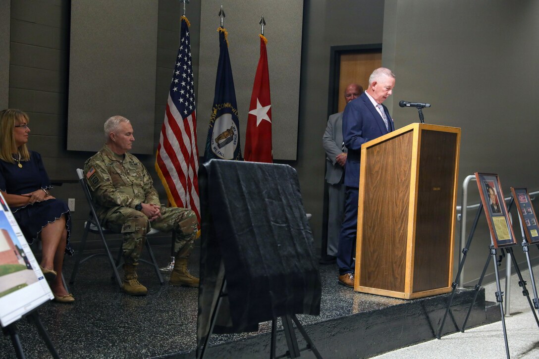 During the event, the auditorium adjacent to Wellman Armory was officially dedicated as the Brig. Gen. Larry C. Barker Auditorium, recognizing Barker’s decades of distinguished service and leadership within the Kentucky National Guard and the commonwealth.