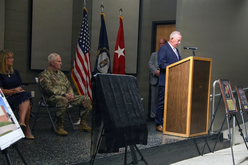 During the event, the auditorium adjacent to Wellman Armory was officially dedicated as the Brig. Gen. Larry C. Barker Auditorium, recognizing Barker’s decades of distinguished service and leadership within the Kentucky National Guard and the commonwealth.