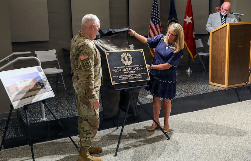 During the event, the auditorium adjacent to Wellman Armory was officially dedicated as the Brig. Gen. Larry C. Barker Auditorium, recognizing Barker’s decades of distinguished service and leadership within the Kentucky National Guard and the commonwealth.