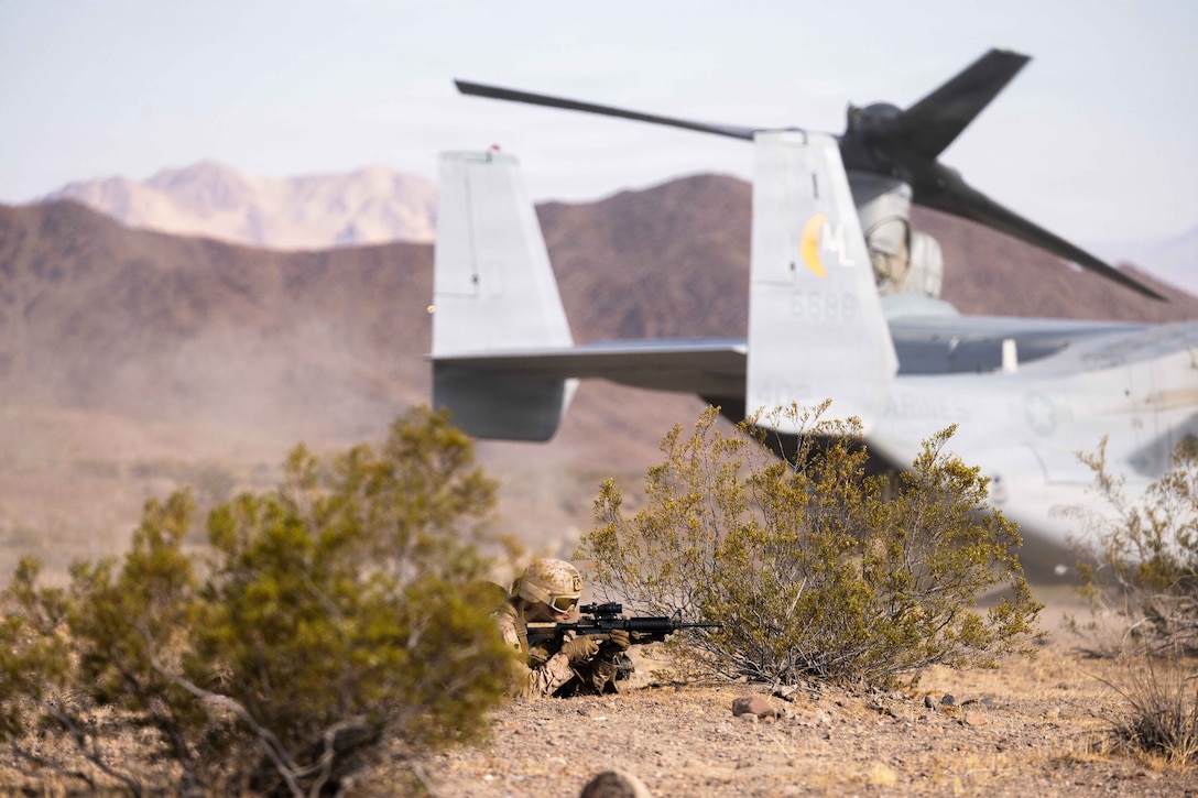 A Marine aiming a weapon lies on the dirt in between bushes near a partially visible aircraft and mountains.