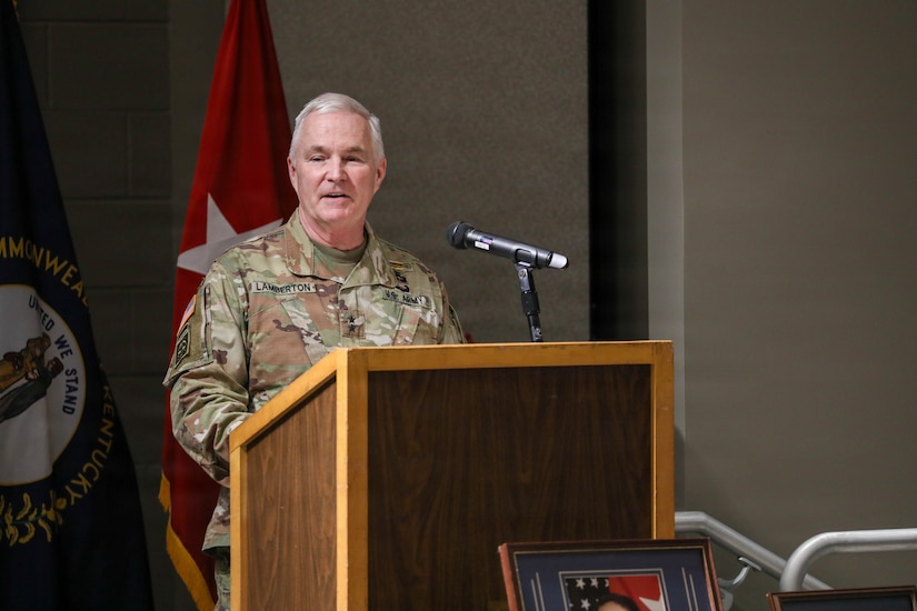 During the event, the auditorium adjacent to Wellman Armory was officially dedicated as the Brig. Gen. Larry C. Barker Auditorium, recognizing Barker’s decades of distinguished service and leadership within the Kentucky National Guard and the commonwealth.