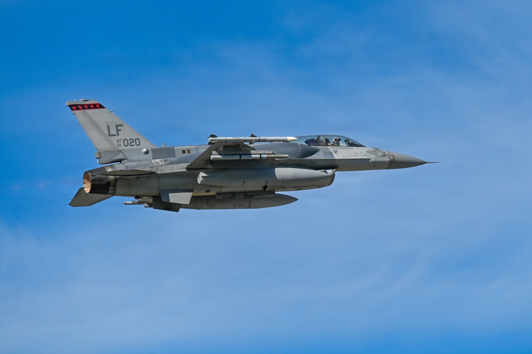 A F-16 Fighting Falcon, assigned to the 425th Fighter Squadron from Luke Air Force Base, Ariz., soars above Eielson Air Force Base, Alaska, during RED FLAG-Alaska 26-2, May 28, 2026.