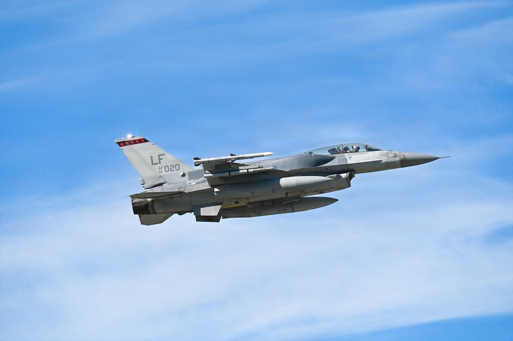 A F-16 Fighting Falcon, assigned to the 425th Fighter Squadron from Luke Air Force Base, Ariz., soars above Eielson Air Force Base, Alaska, during RED FLAG-Alaska 26-2, June 1, 2026.