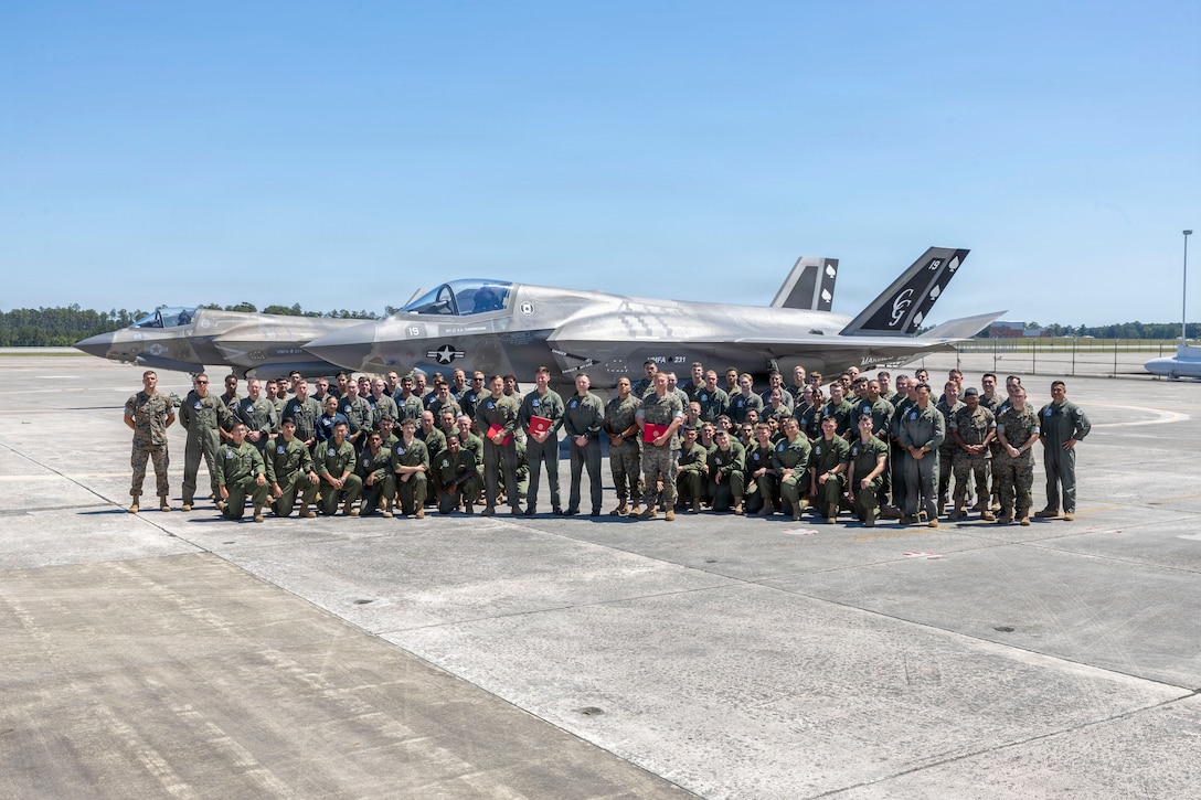 VMFA-231 conducted its first flight of the F-35B Lightning II ahead of its official reactivation in the summer of 2026; Marine Attack Squadron (VMA) 231 officially deactivated as one of the U.S. Marine Corps' last AV-8B Harrier II squadrons in 2025. (U.S. Marine Corps photo by Lance Cpl. Bryan Giraldo)