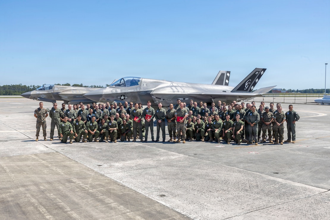 VMFA-231 conducted its first flight of the F-35B Lightning II ahead of its official reactivation in the summer of 2026; Marine Attack Squadron (VMA) 231 officially deactivated as one of the U.S. Marine Corps' last AV-8B Harrier II squadrons in 2025. (U.S. Marine Corps photo by Lance Cpl. Bryan Giraldo)