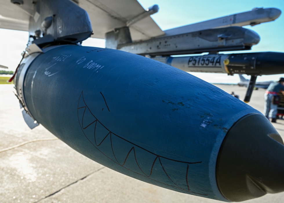A BDU-50 inert practice bomb is fully connected to a F-16 Fighting Falcon, assigned to the 425th Fighter Squadron from Luke Air Force Base, Ariz., on the flight line at Eielson Air Force Base, Alaska, during RED FLAG-Alask 26-2, June 3, 2026.