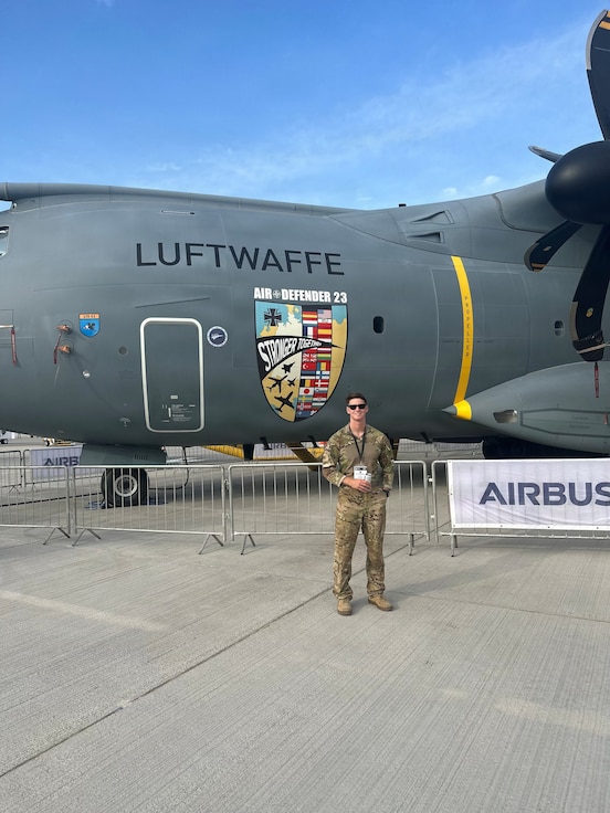 Illinois Army National Guard Chief Warrant Officer 2 Ethan R. Connor of Huntley, Ill., is shown at the Dubai Air Show in 2023.