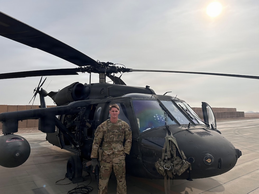 Illinois Army National Guard Chief Warrant Officer 2 Ethan R. Connor of Huntley, Ill., is shown on Al Asad Air Base in Iraq in 2023.
