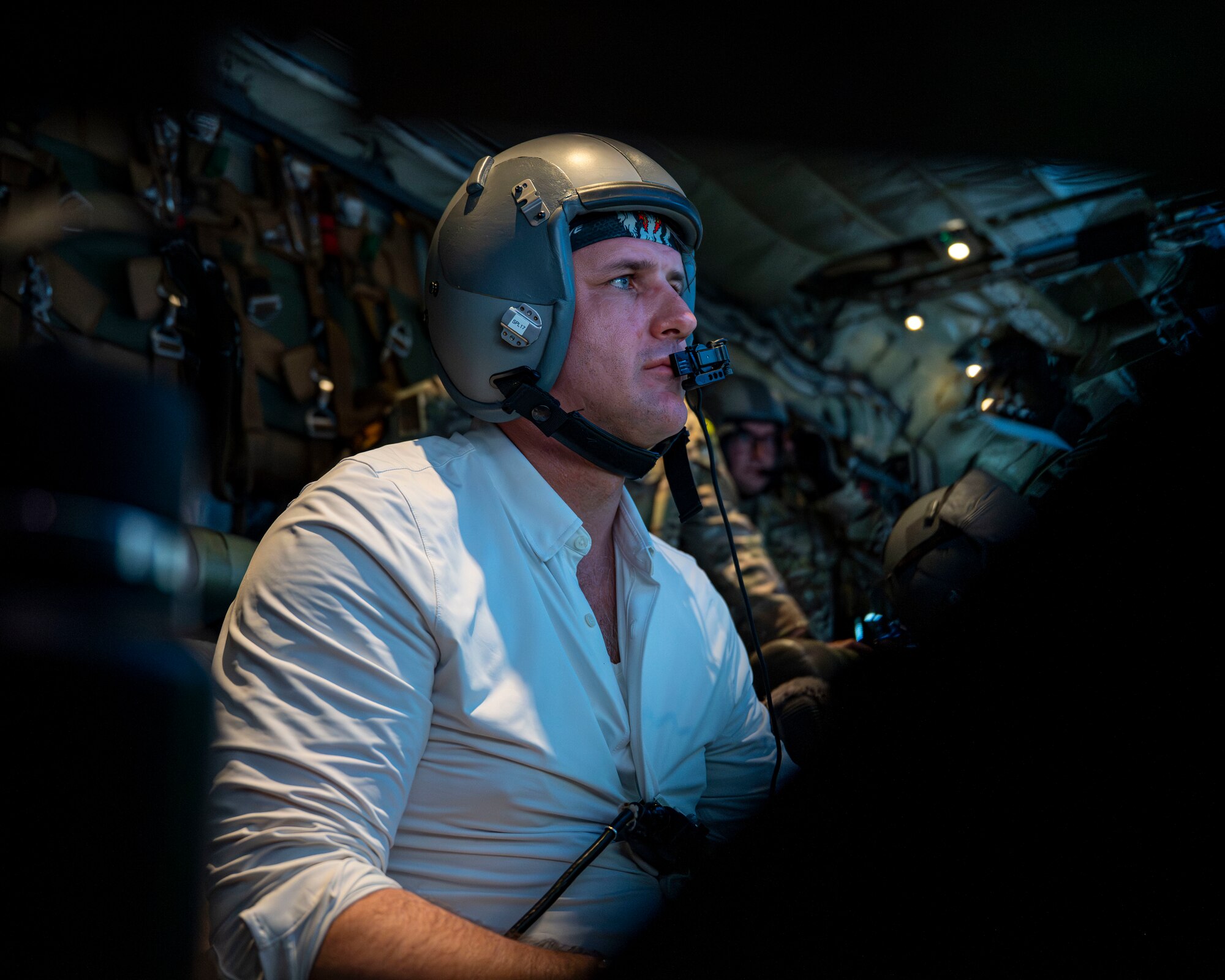 Derrick Anderson, Assistant Secretary of War for Special Operations and Low-Intensity Conflict, operates a sensor aboard a 1st Special Operations Wing AC-130J Ghostrider during a familiarization flight