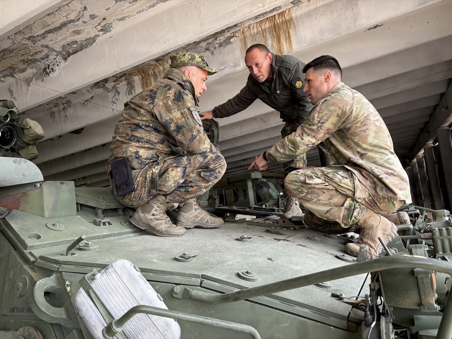 Washington Army National Guard Soldiers work alongside members of the Bulgarian Land Forces' 61st Mechanized Brigade during Stryker familiarization training in Bulgaria in 2026.