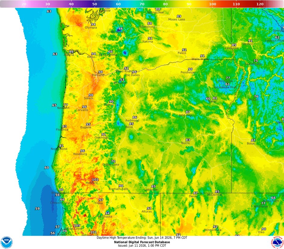 A graphical map showing reds, yellows and greens in parts of Oregon representing temperatures between 80 and 100 degrees on Sunday, June 14. Reds are in the western part of the state while greens and yellows are centered over much of the rest of the state.