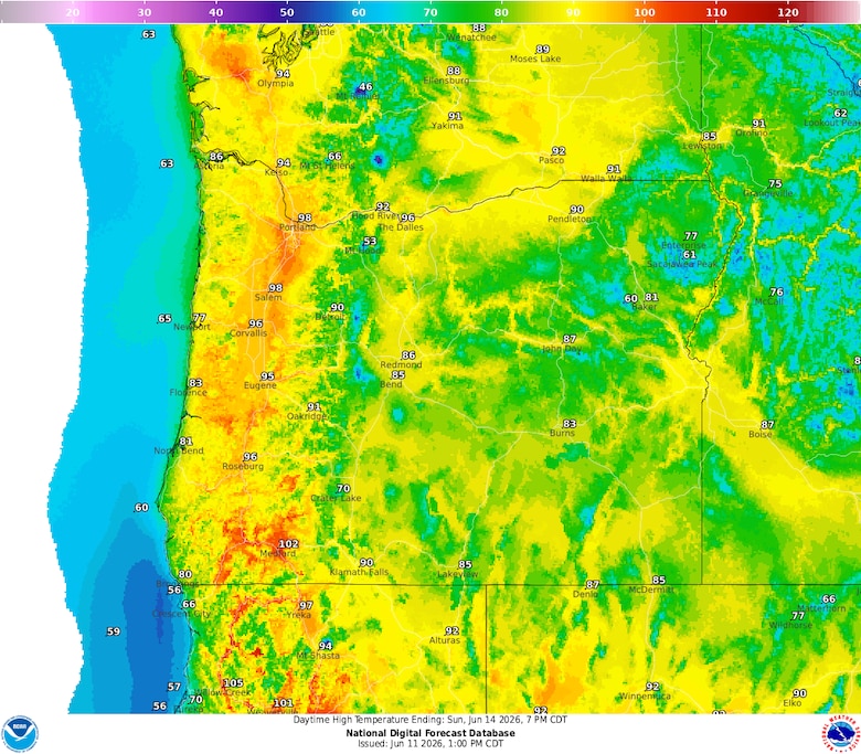 A graphical map showing reds, yellows and greens in parts of Oregon representing temperatures between 80 and 100 degrees on Sunday, June 14. Reds are in the western part of the state while greens and yellows are centered over much of the rest of the state.