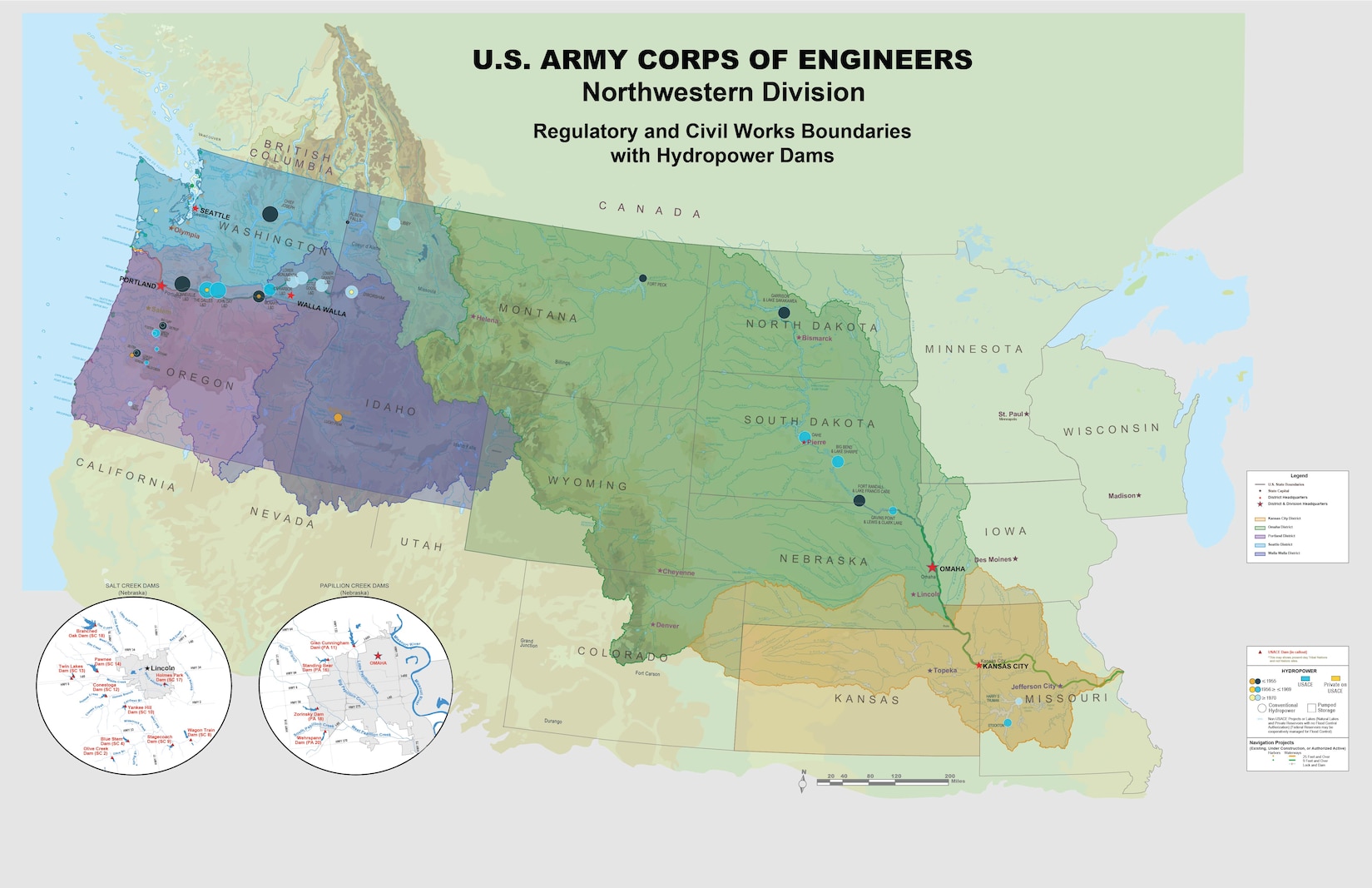 Map of the northwstern US from the great lakes to the Pacific Ocean north of Arkansas representing the entirety of the Northwestern Division with the Missouri River and Columbia River Basin colored Green to show the Districts of the Northwestern Division. Different shades of green differentiate the Seattle, Portland Walla Walla, Omaha and Kansas City Districts. In lighter shades of Orange, Red and Blue are the Mississippi Valley Division, the Southwestern DIvision and the South Pacific Division. The bottom half of the map shows the Hawaii and Alaska in Pink on a globe to represent the Northwestern Division's Regulatory role in handling appeals for those offices.