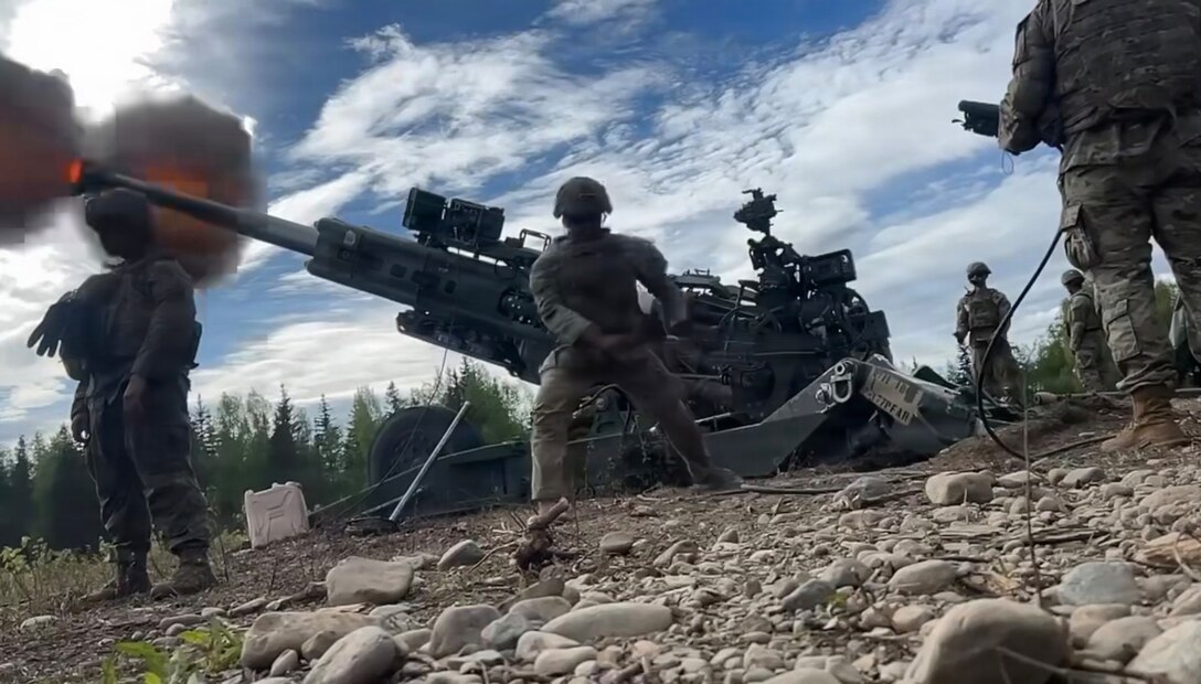 Soldiers assigned to 2nd Battalion, 377th Parachute Field Artillery Regiment, 2nd Brigade Combat Team, 11th Airborne Division fire an M777A2 medium towed howitzer during an Artillery Table VI live fire qualification at Richardson Training Area, Alaska, June 2, 2026.
