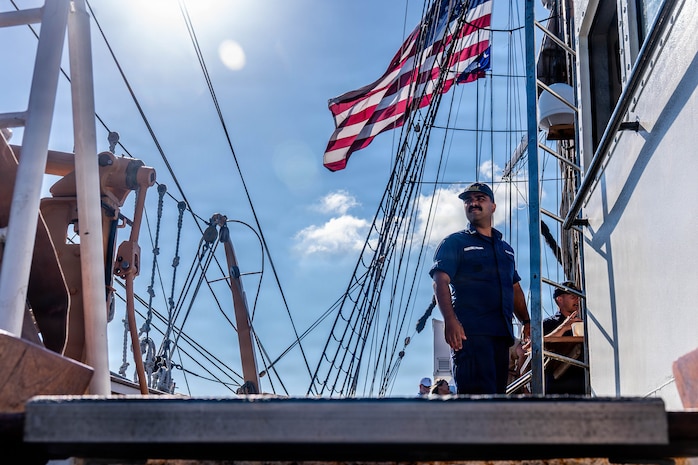 A photo of a Coast Guardsmen aboard the U.S. Coast Guard Cutter Eagle.