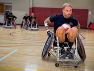 Retired U.S. Chief Warrant Officer 3 Jonathan Tallman, Team Army athlete and Ultimate Champion competitor, participates in wheelchair rugby practice at Team Army training camp ahead of the 2026 Warrior Games in San Antonio, Texas.