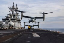 A U.S. Marine Corps MV-22B Osprey assigned to Marine Medium Tiltrotor Squadron (VMM) 163 (Reinforced), 11th Marine Expeditionary Unit, takes off during flight operations aboard Wasp-class amphibious assault ship USS Boxer (LHD 4) in the South China Sea, June 10, 2026.