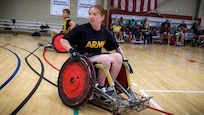 U.S. Army Staff Sgt. Chelsey Scott participates in wheelchair rugby training during Army Team Sports Camp in San Antonio, May 2026.