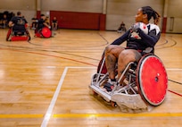 U.S. Army retired Sgt. 1st Class Valerie Watkins participates in wheelchair rugby practice during the Army Team Sports Camp in San Antonio, Texas, May 5, 2026.