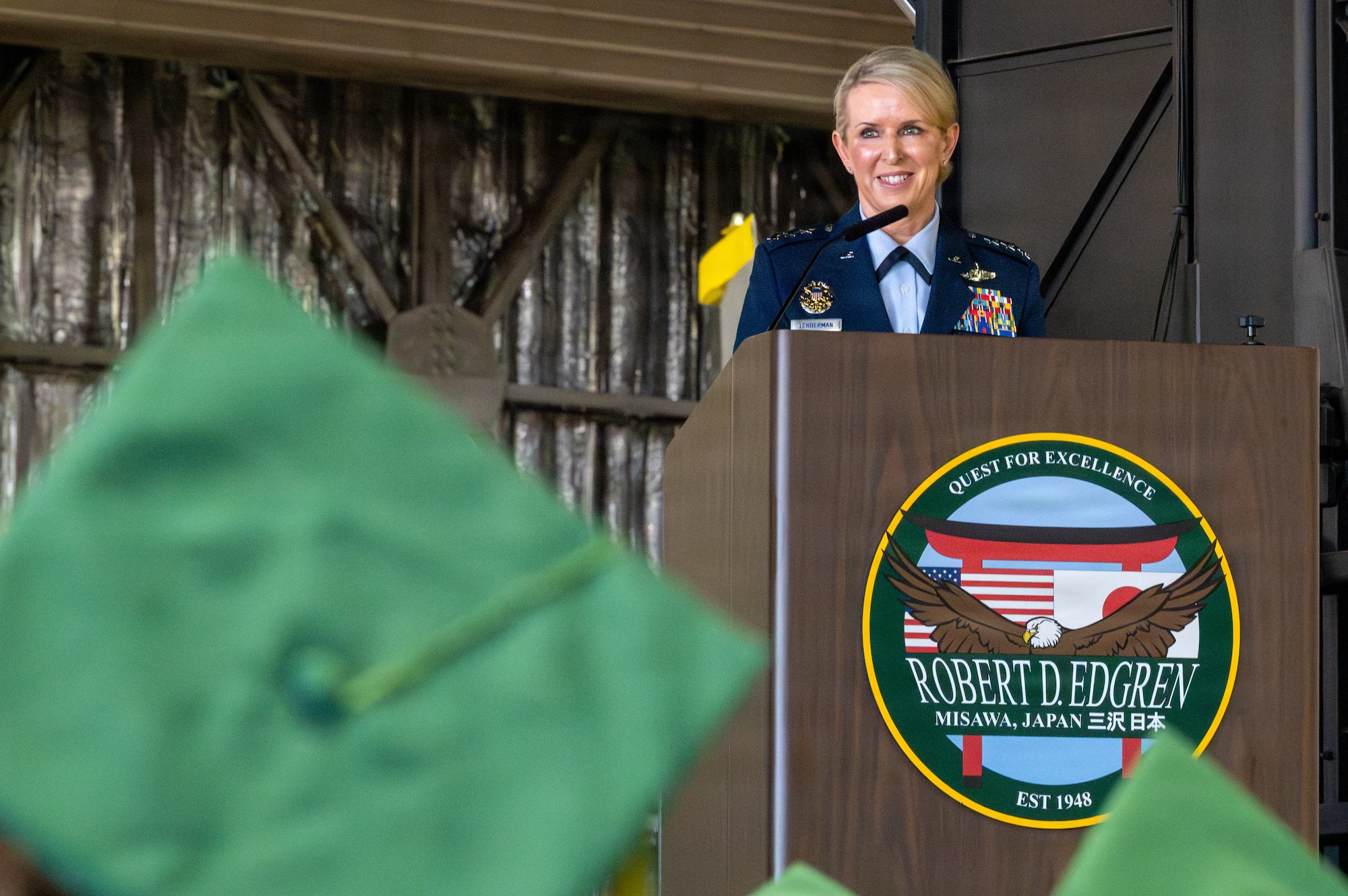 U.S. Air Force Lt. Gen. Laura Lenderman, Pacific Air Forces deputy commander, gives remarks during the Robert D. Edgren High School graduation ceremony.