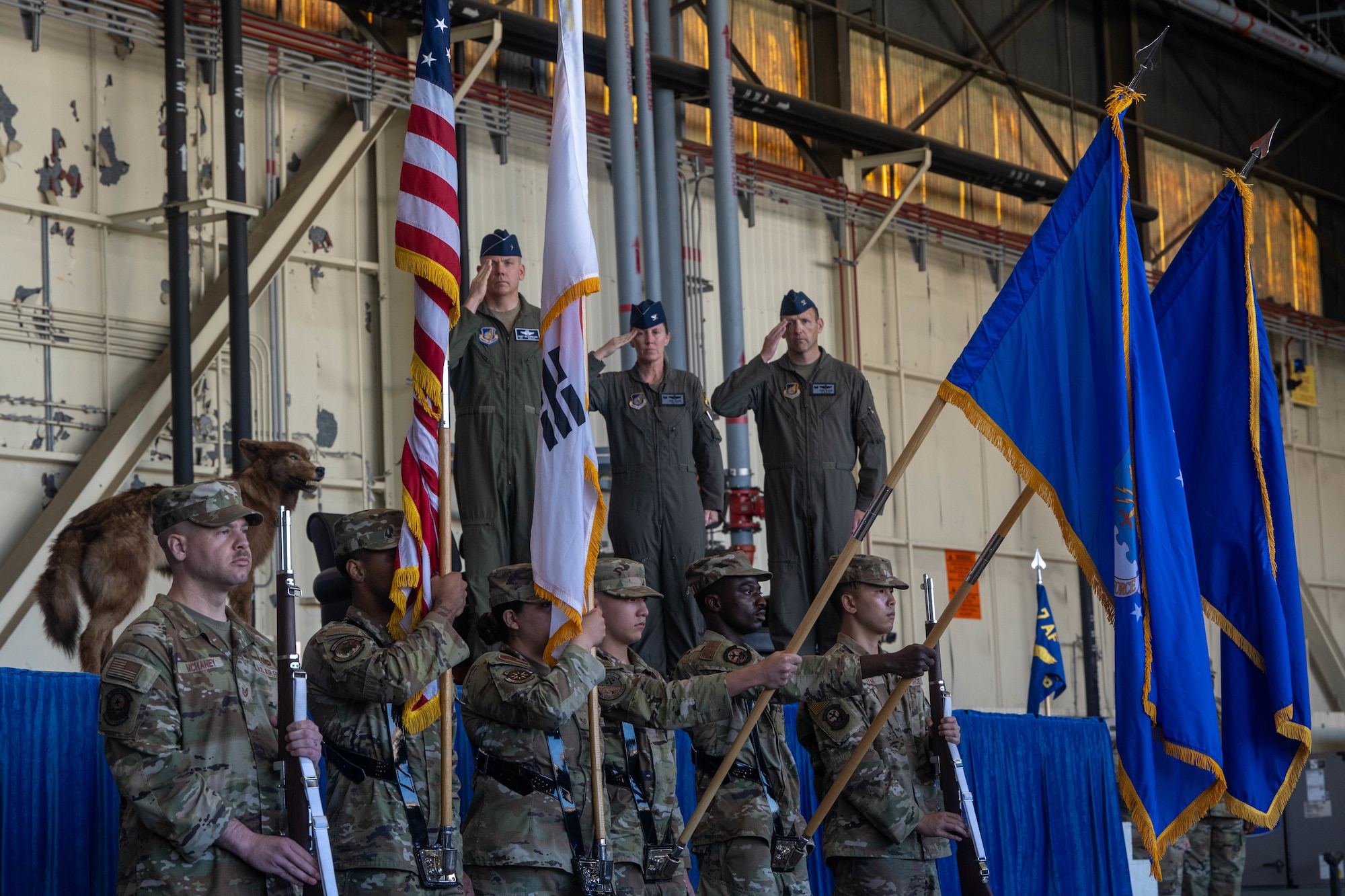 Commanders salute flags.