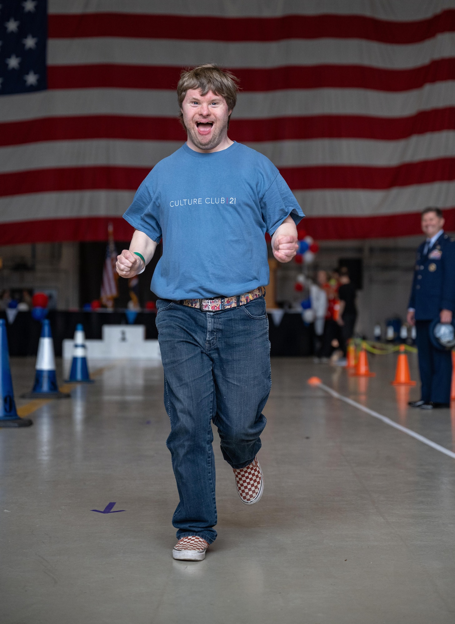 An athlete competes in a relay race during Joan Mann Special Sports Day at RAF Mildenhall, England, June 4, 2026.